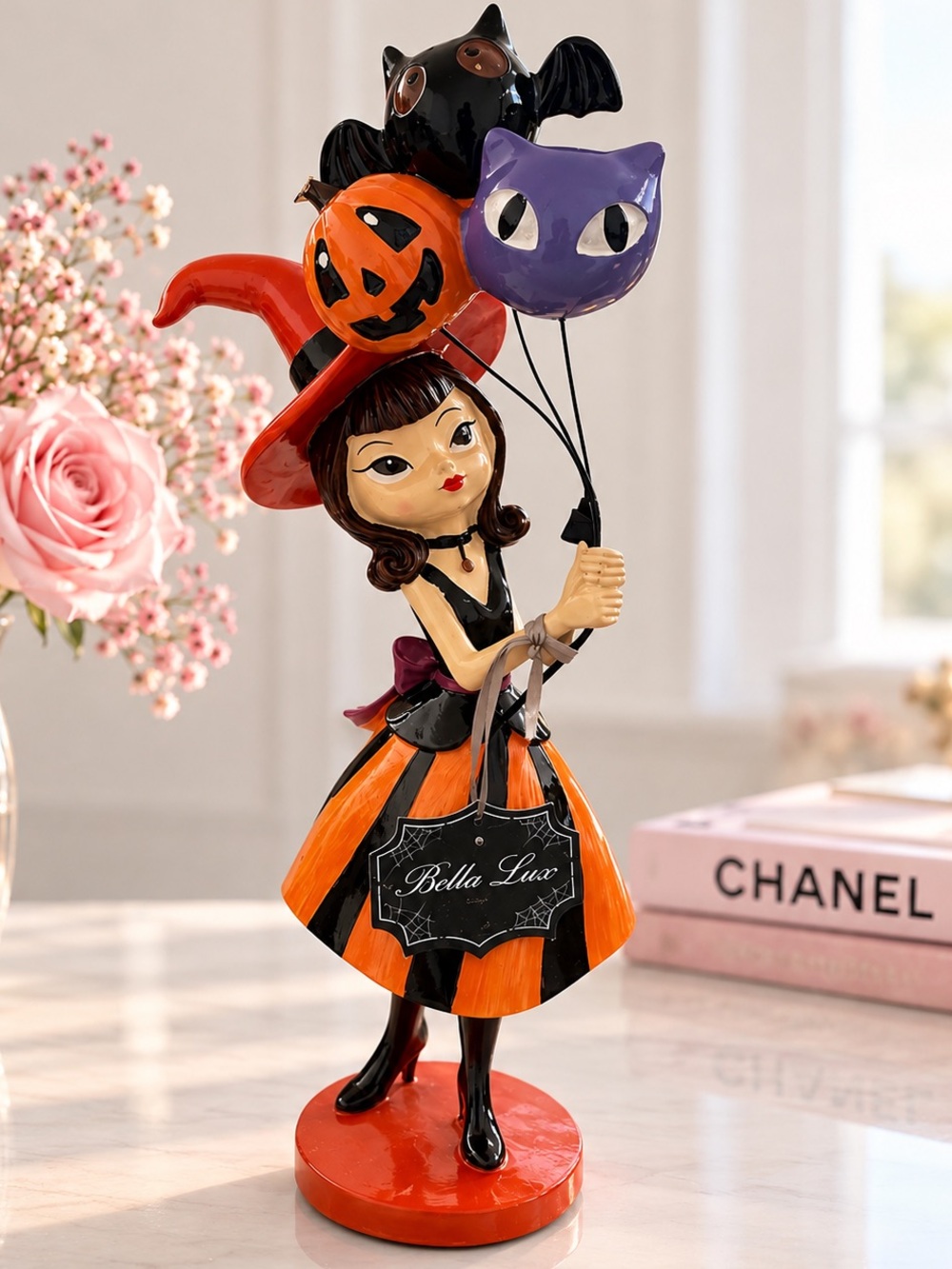Bella Lux Halloween Witch Girl with Balloon Bouquet Figurine